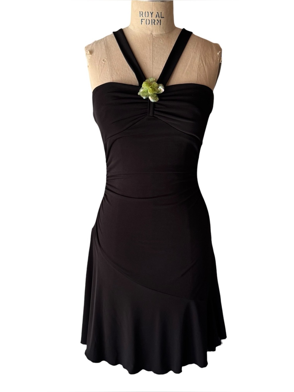Vintage Y2K City Triangles Black and Green Sequin Flower Midi Dress